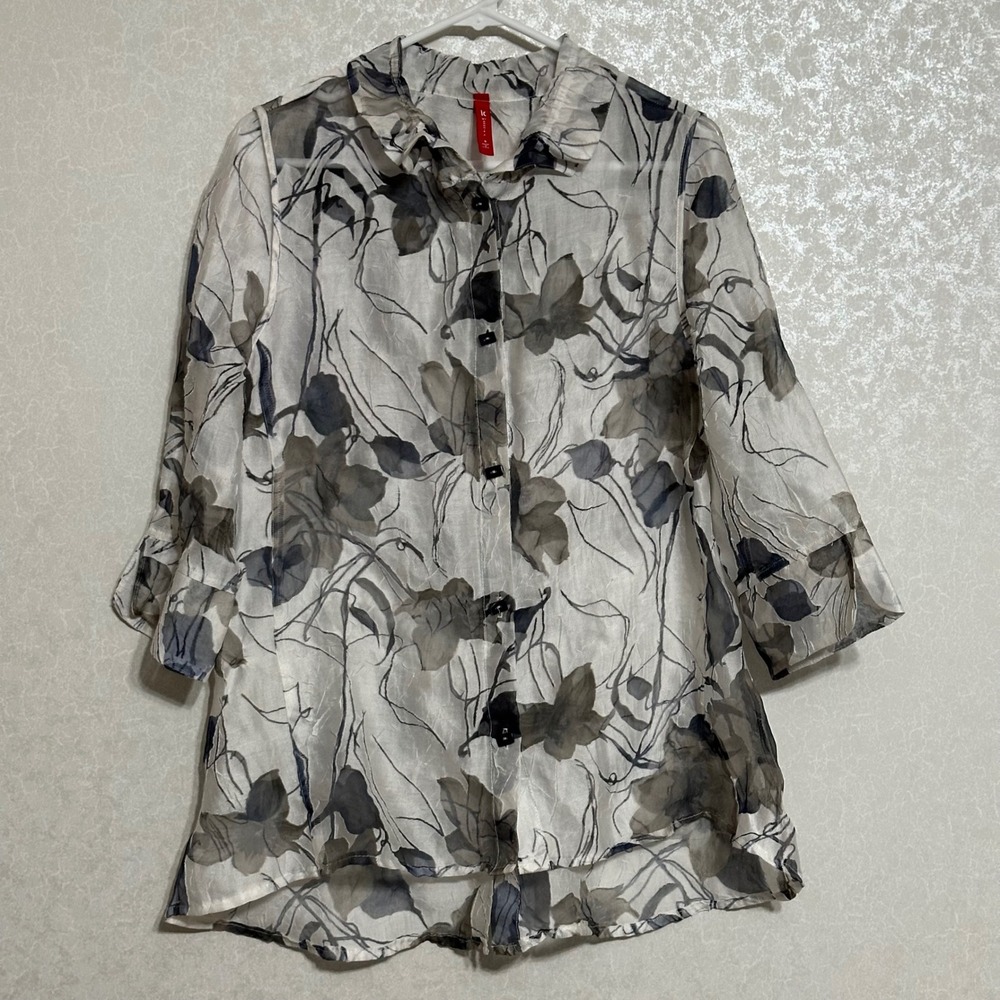 IC by Connie K Floral Sheer Crinkle Blouse Button Back Artsy Gray Cottagecore S